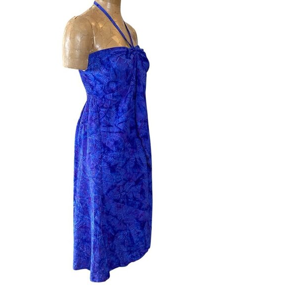 Hula Hula Hawaii Halter Dress One Size Blue & Purple Batik Floral #340D - Picture 3 of 8